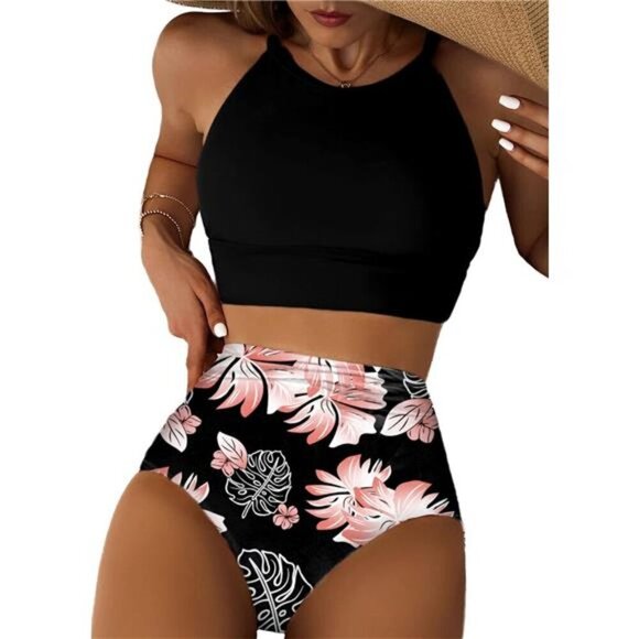 Womens Bikini Set High Neck Tropical Leaf Print High Waisted Two Pieces Swimsuit